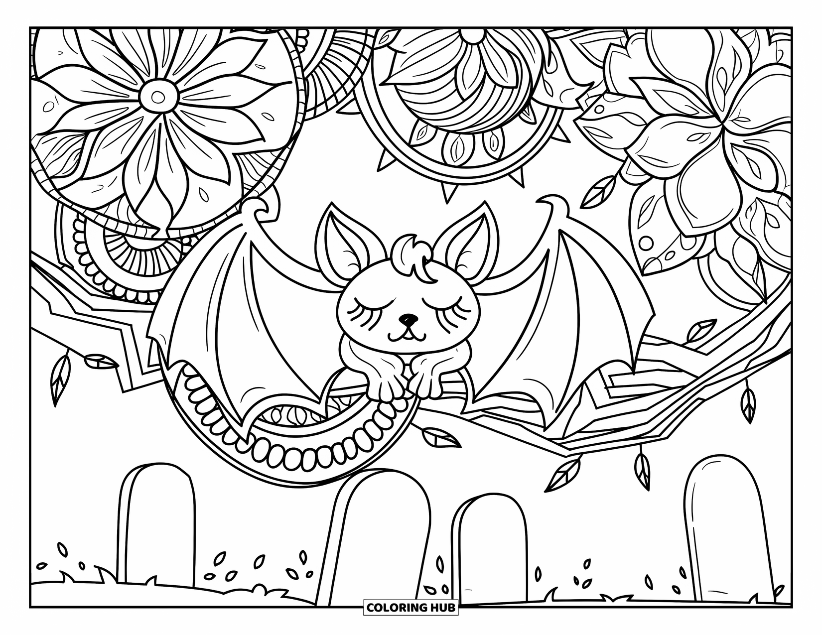 Halloween Bat Coloring Page for Adults: A bat sleeps peacefully among floral mandalas in a quiet graveyard