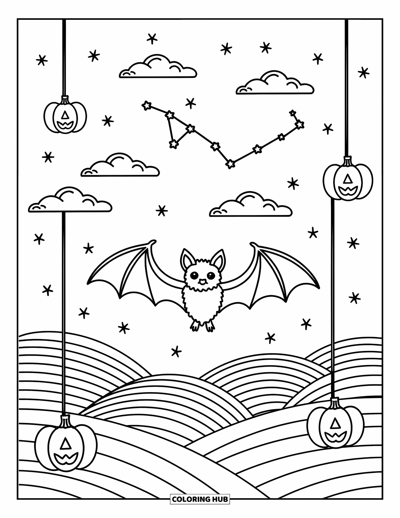 Halloween Bat Coloring Page for Adults: A bat soars past floating lanterns, constellations, and cozy clouds