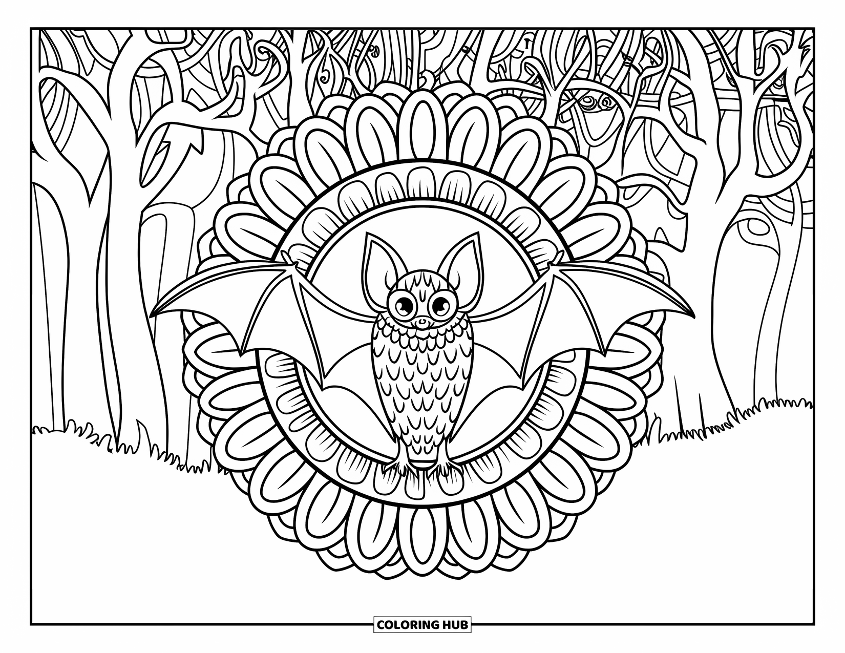 Halloween Bat Coloring Page for Adults: A bat spreads its wings in a sunflower mandala inside a spooky forest