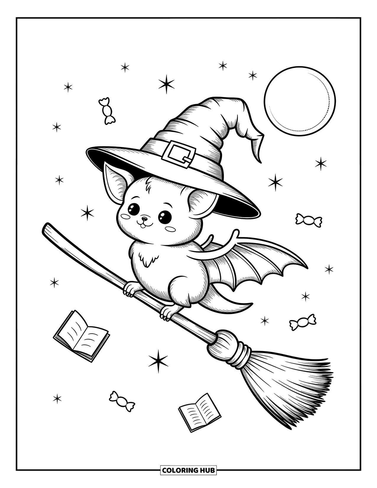 Halloween Bat Coloring Page for Adults: A bat with folded wings sits on a broomstick with potions and candies around