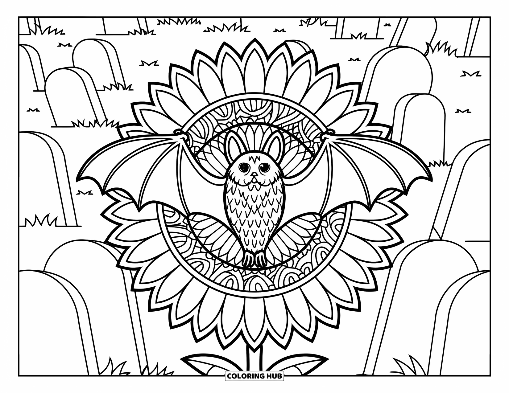 Halloween Bat Coloring Page for Adults: A bat with open wings is framed by a sunflower mandala and tombstones