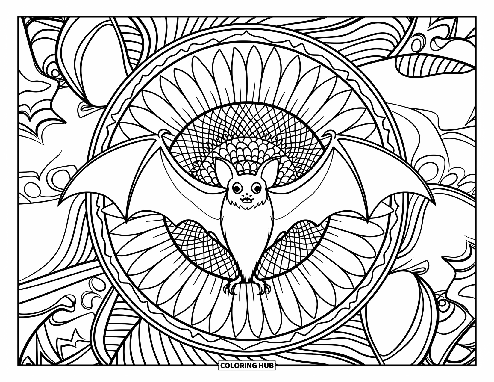 Halloween Bat Coloring Page for Adults: A bat with open wings sits in the center of a sunflower mandala