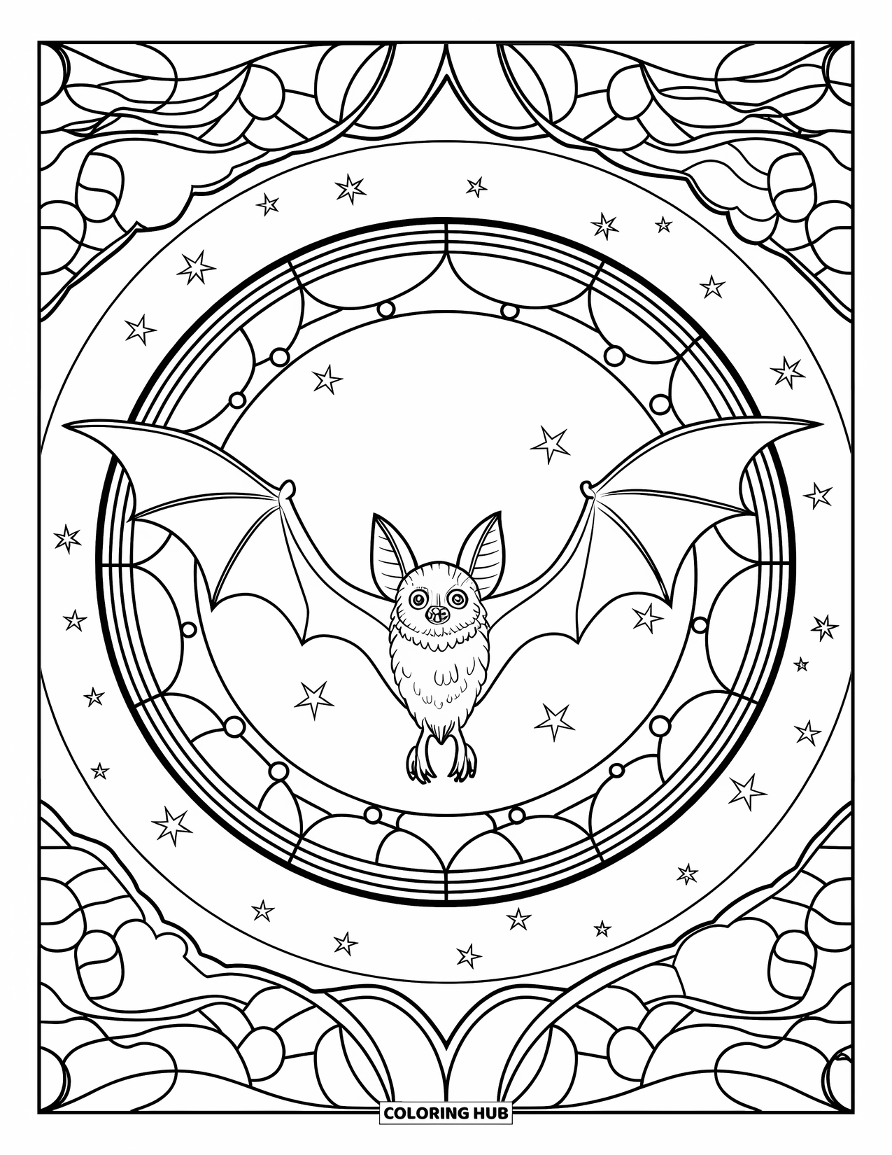 Halloween Bat Coloring Page for Adults: A bat with spread wings flies past a stained glass moon and starry sky