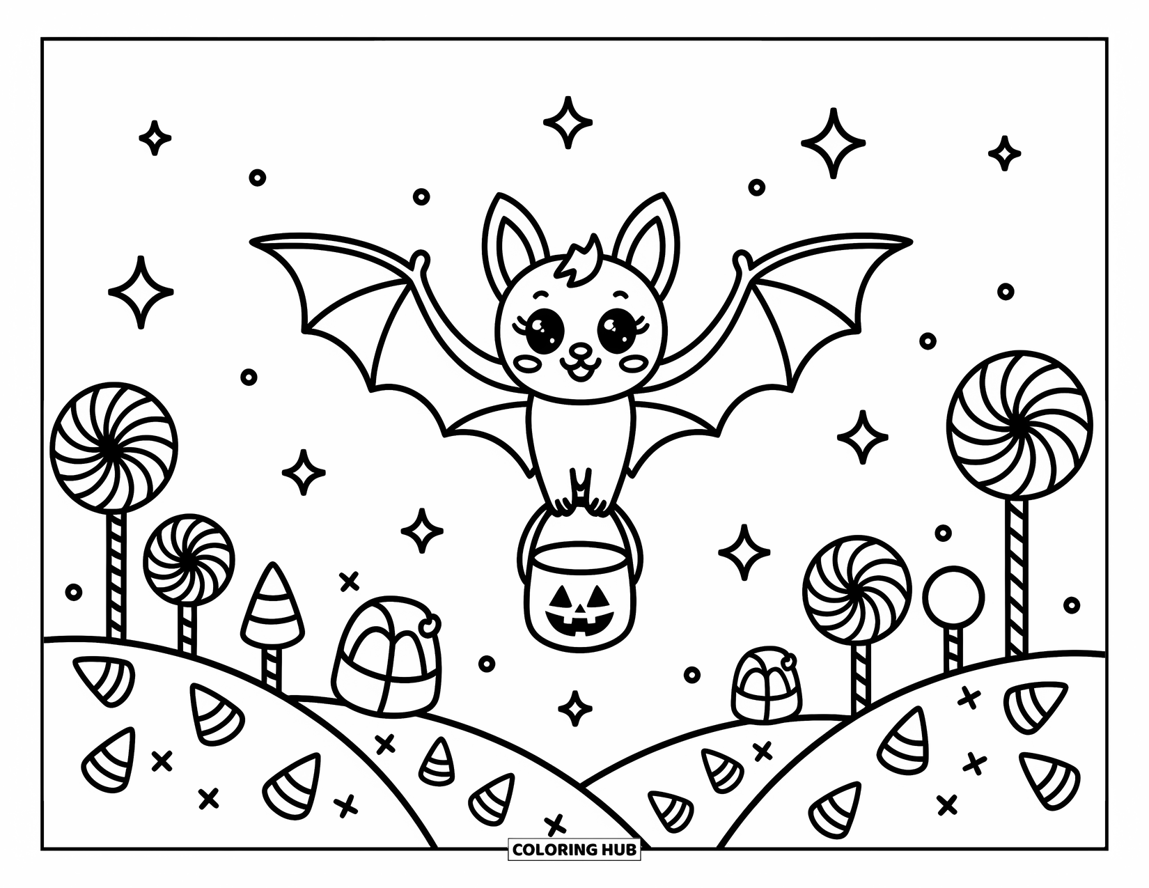 Halloween Bat Coloring Page for Adults: A cute bat flies over lollipop trees with candy scattered across the hills