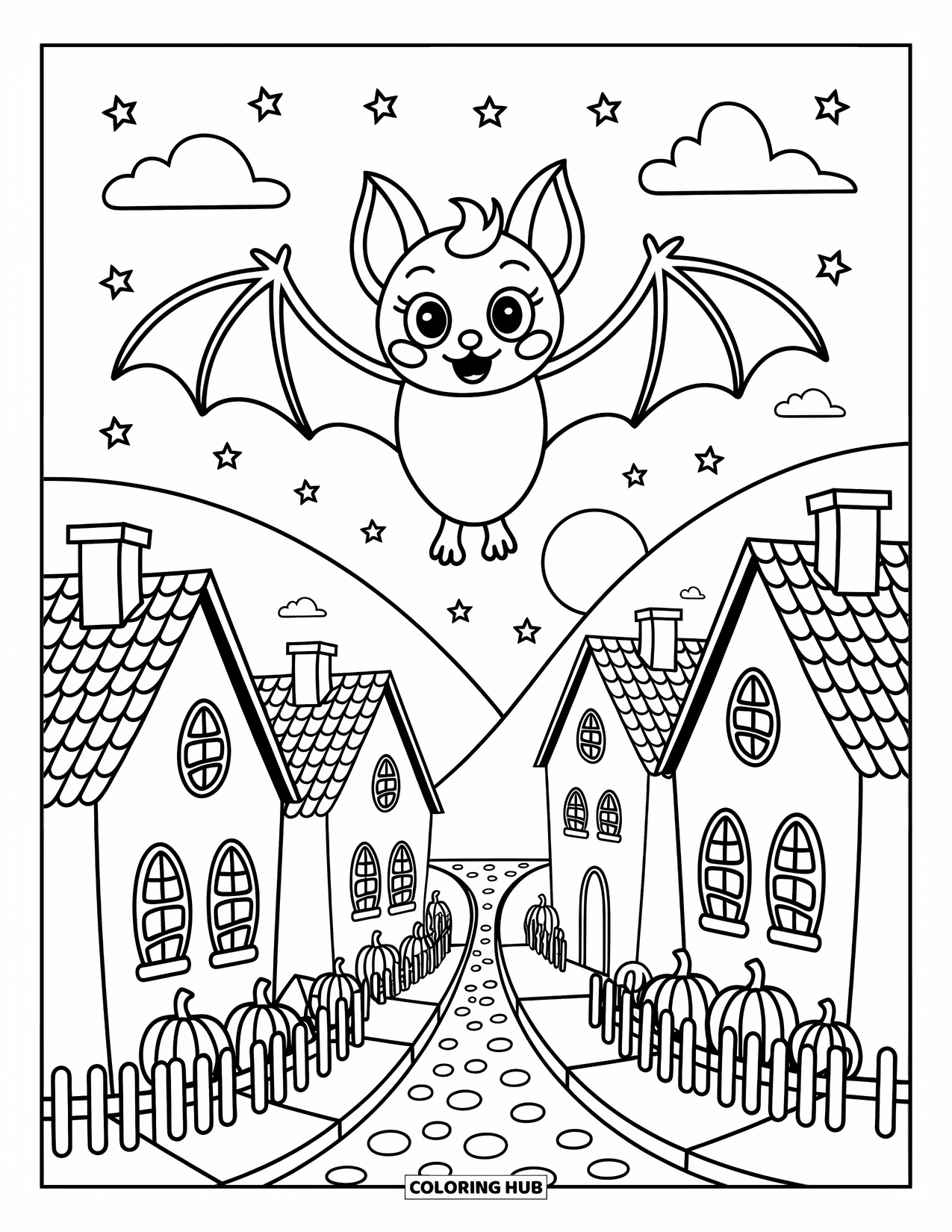 Halloween Bat Coloring Page for Adults: A cute bat soars above cozy houses and pumpkins lit by a full moon