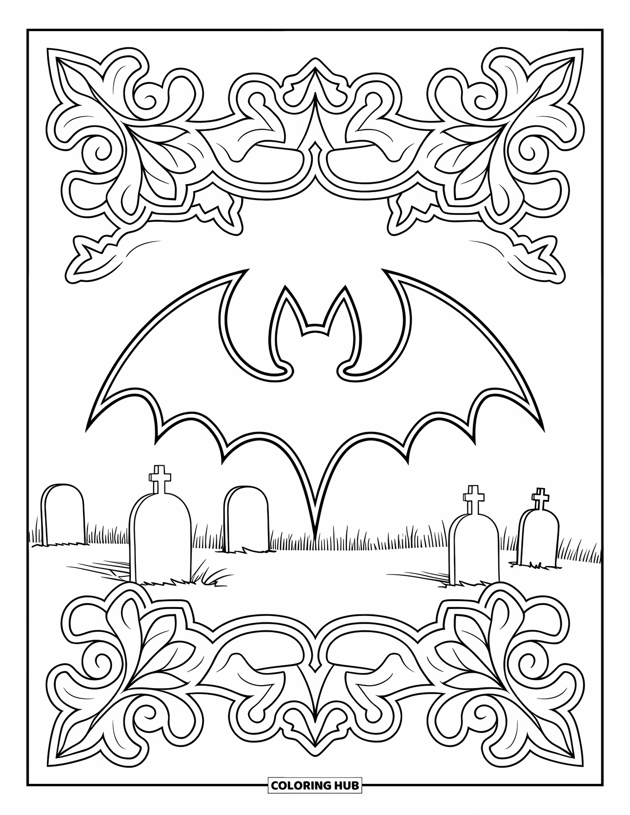 Halloween Bat Coloring Page for Adults: A gothic bat silhouette is framed by mandalas in a graveyard