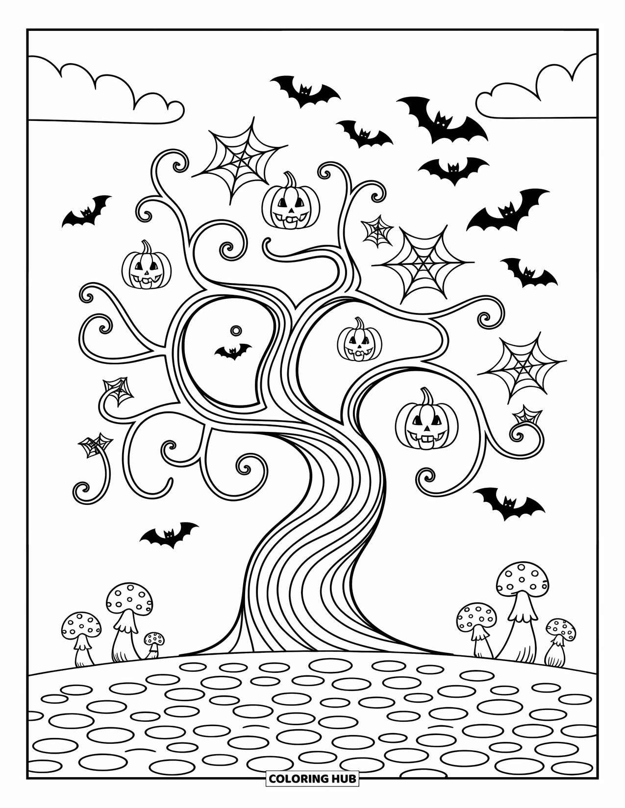 Halloween Bat Coloring Page for Adults: A spooky tree with glowing pumpkins and flying bats sits near a cobbled path