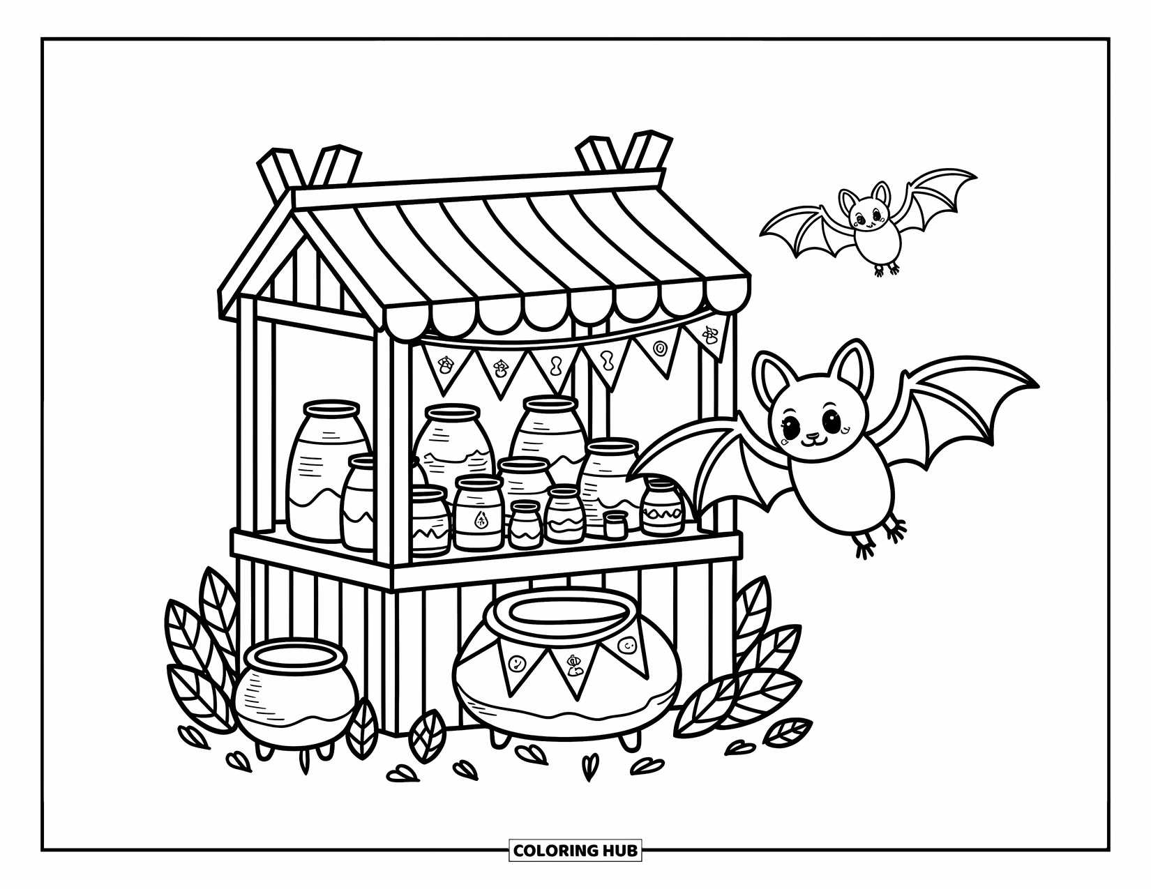 Halloween Bat Coloring Page for Adults: Three bats explore potions and trees in a peaceful, enchanted forest scene