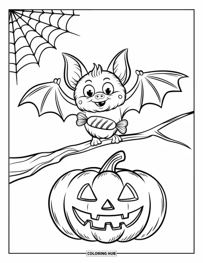 Halloweenská omalovánka netopýra pro děti: Netopýr svírá bonbón u šklebící se dýně a pavučiny