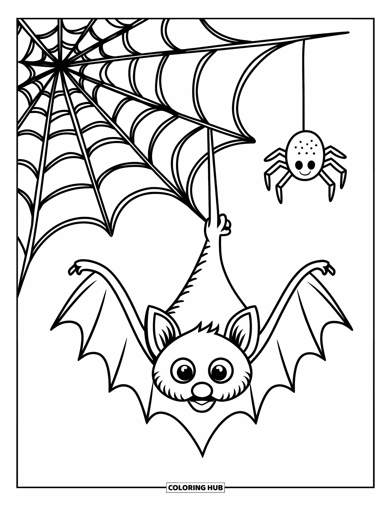 Halloween Bat Coloring Page for Kids: A bat dangles near a delicate web as a spider smiles below