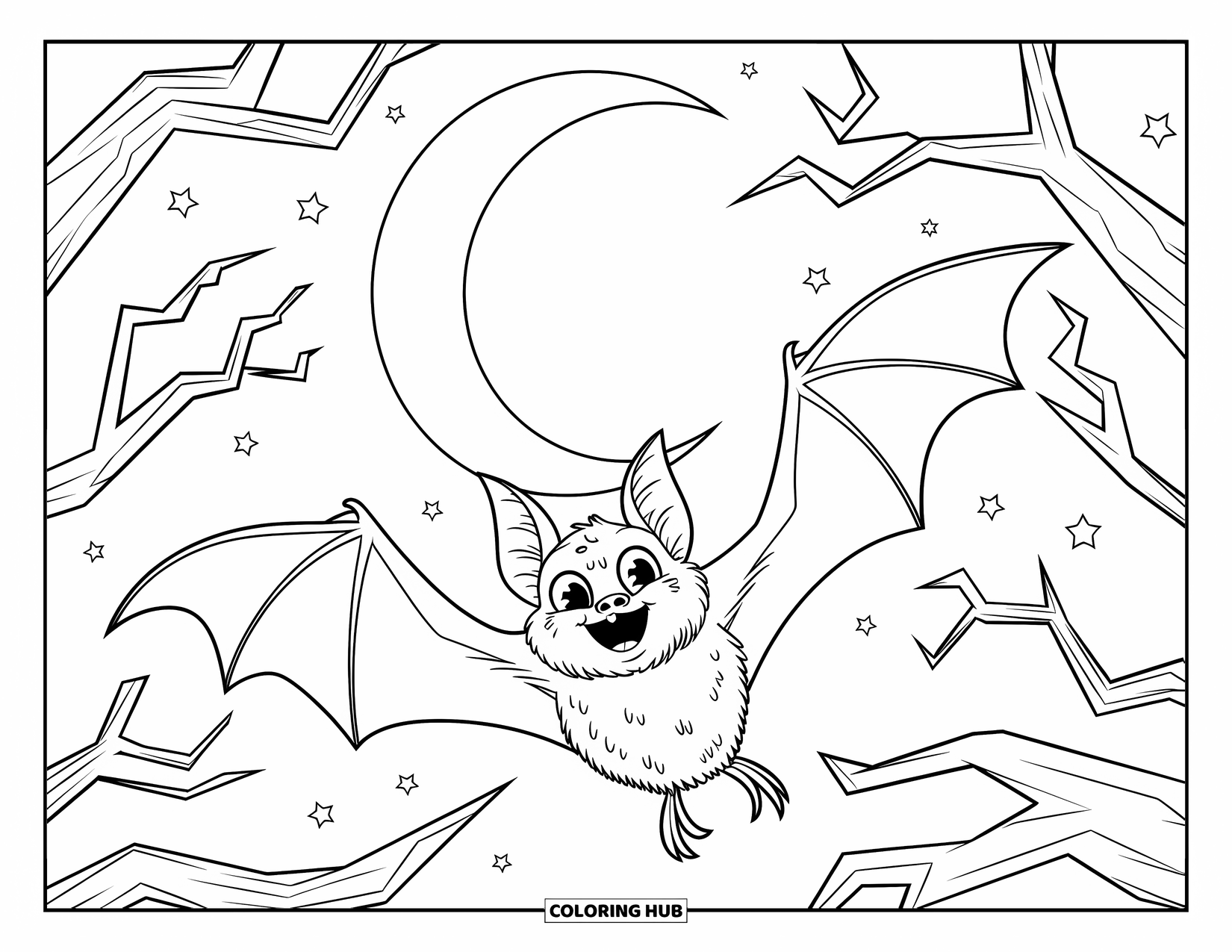 Halloween Bat Coloring Page for Kids: A bat dives through spooky branches with stars twinkling around a crescent moon