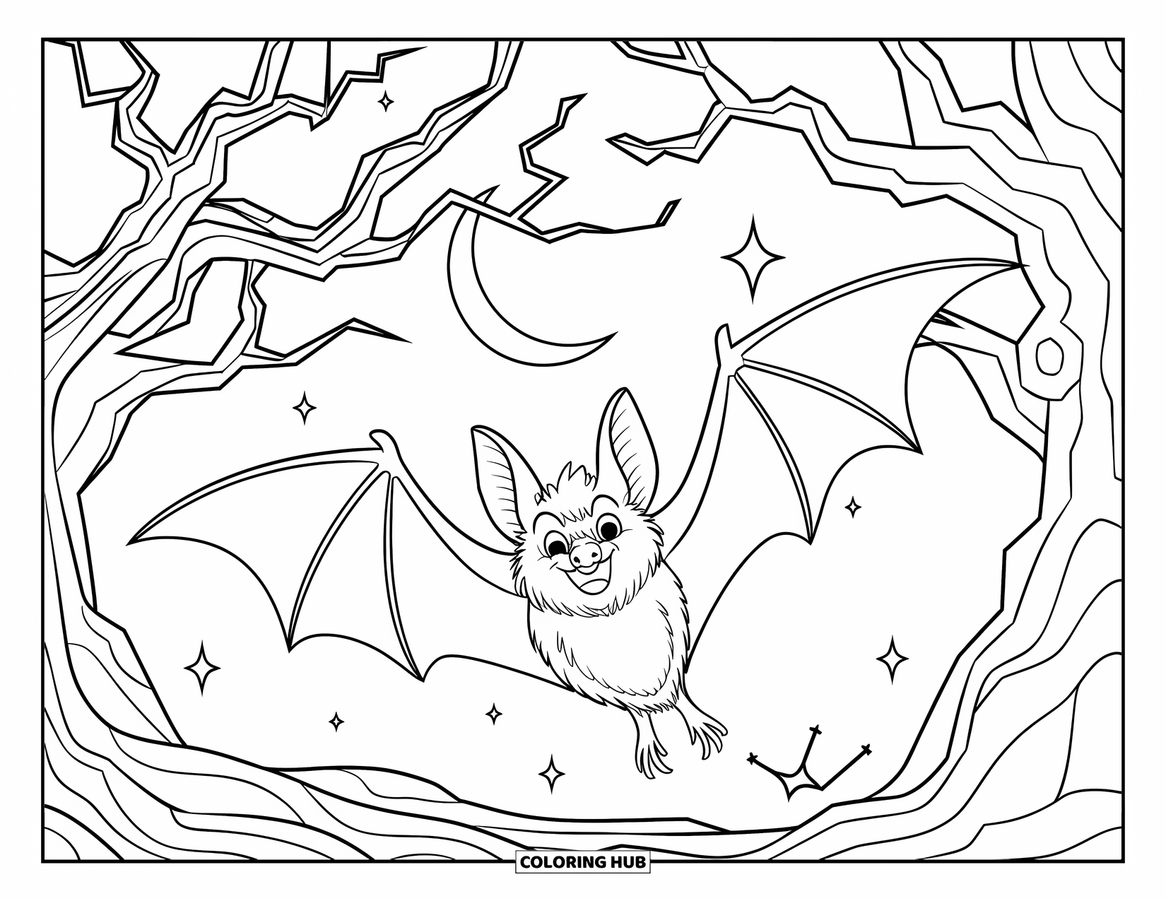 Halloween Bat Coloring Page for Kids: A bat dives under a crescent moon through the branches of a spooky tree