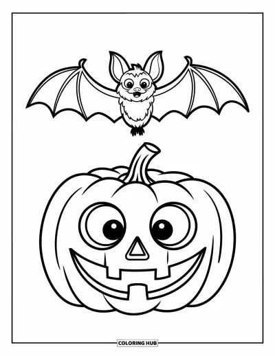 Halloweenská omalovánka netopýra pro děti: Netopýr letí nad usmívající se dýní v temné halloweenské noci