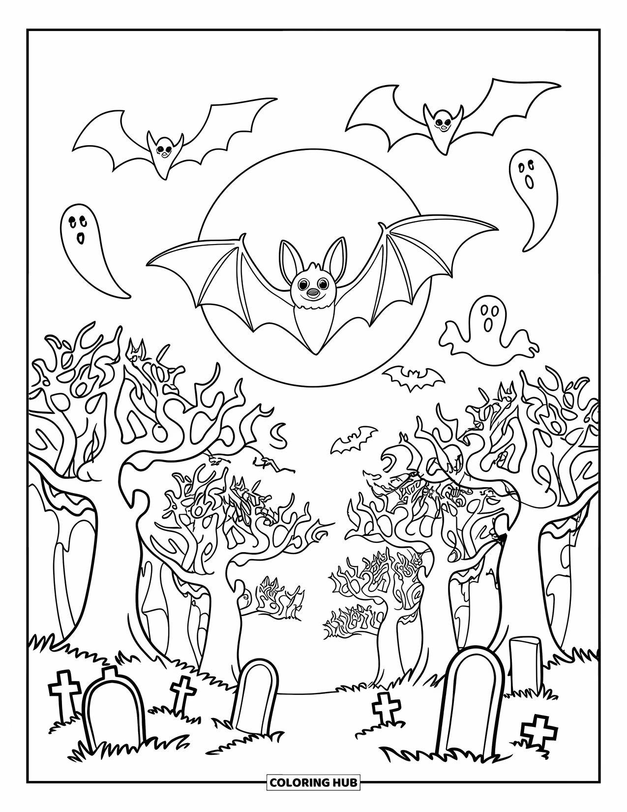 Halloween Bat Coloring Page for Kids: A bat flies over a forest filled with tombstones, witches, and ghostly shapes