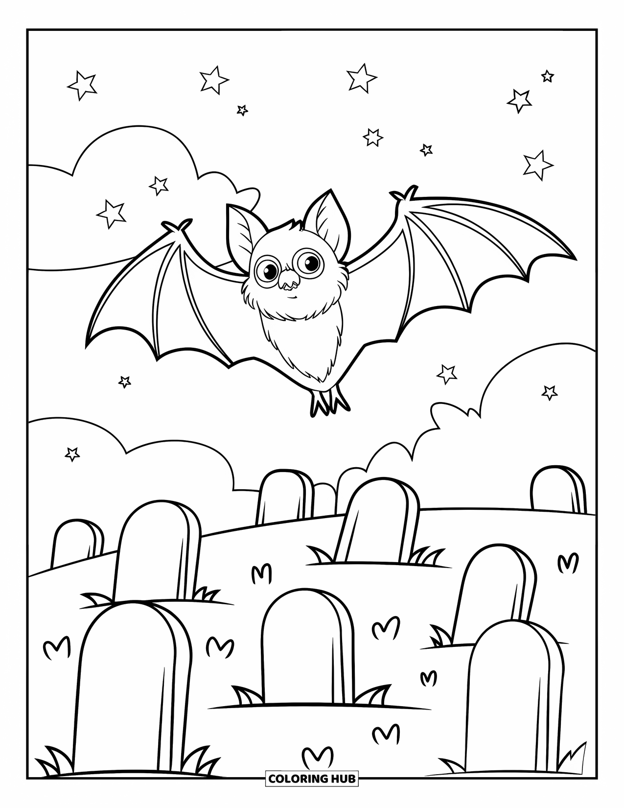 Halloween Bat Coloring Page for Kids: A bat flies over a hilltop graveyard under a star-filled sky