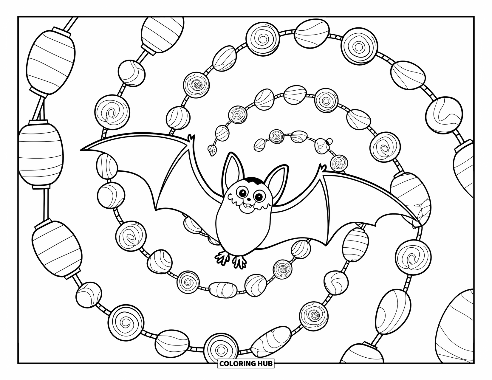 Halloween Bat Coloring Page for Kids: A bat flies through spirals of candy and floating lanterns on Halloween night