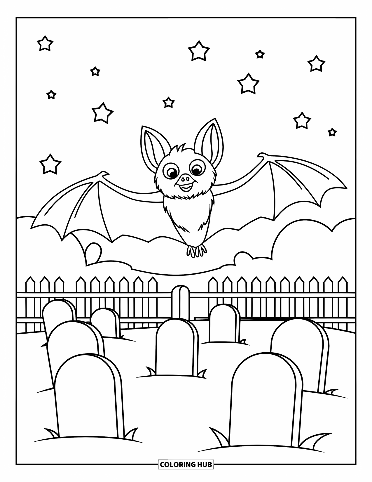 Halloween Bat Coloring Page for Kids: A bat glides above a hilltop graveyard and a starry night