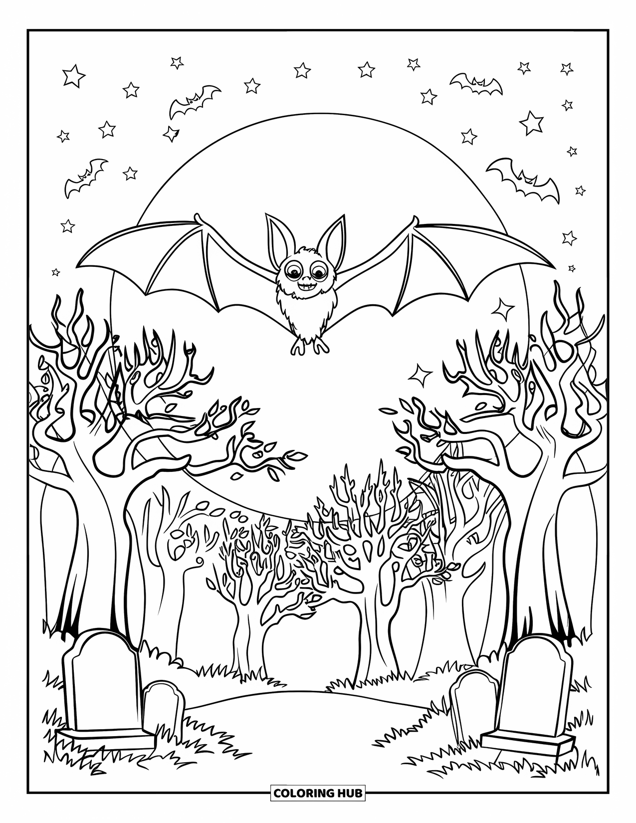 Halloween Bat Coloring Page for Kids: A bat glides across the moon with tombstones under tall, twisted trees