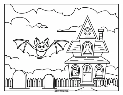 Halloweenská omalovánka netopýra pro děti: Netopýr plachtí kolem strašidelného domu obklopeného stromy a náhrobky