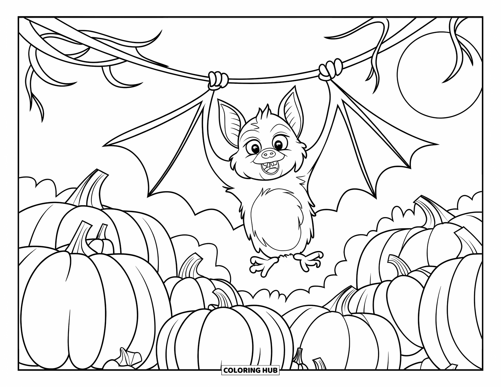 Halloween Bat Coloring Page for Kids: A bat grins while hanging above pumpkins under the full moon