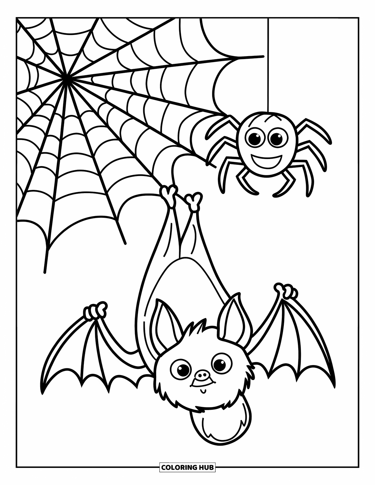 Halloween Bat Coloring Page for Kids: A bat hangs upside down near a cobweb with a friendly spider