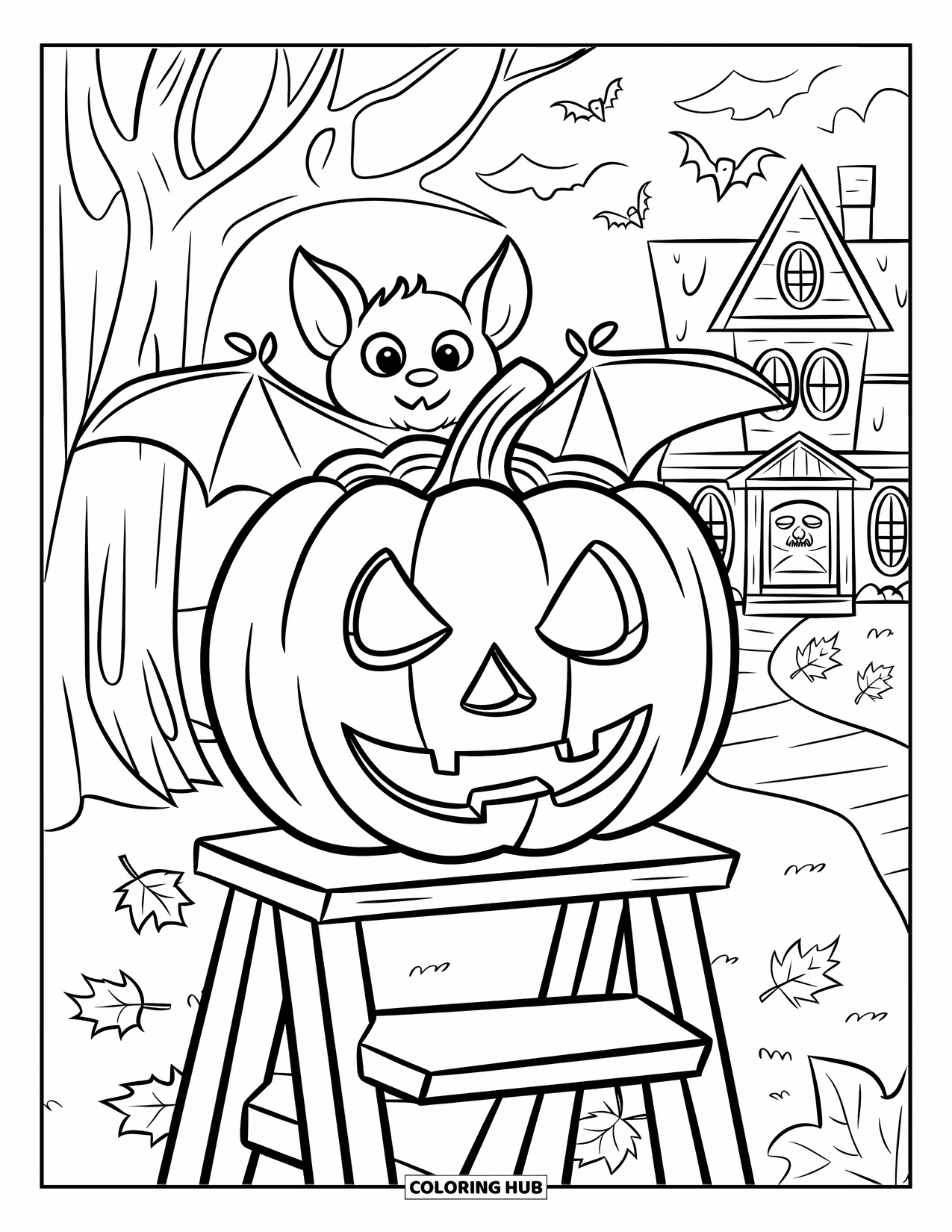 Halloween Bat Coloring Page for Kids: A bat hides behind a pumpkin on a ladder near spooky leaves