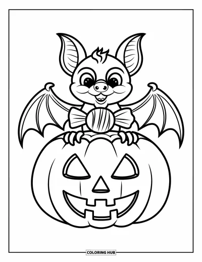 Halloweenská omalovánka netopýra pro děti: Netopýr drží bonbón a vznáší se nad veselou dýní