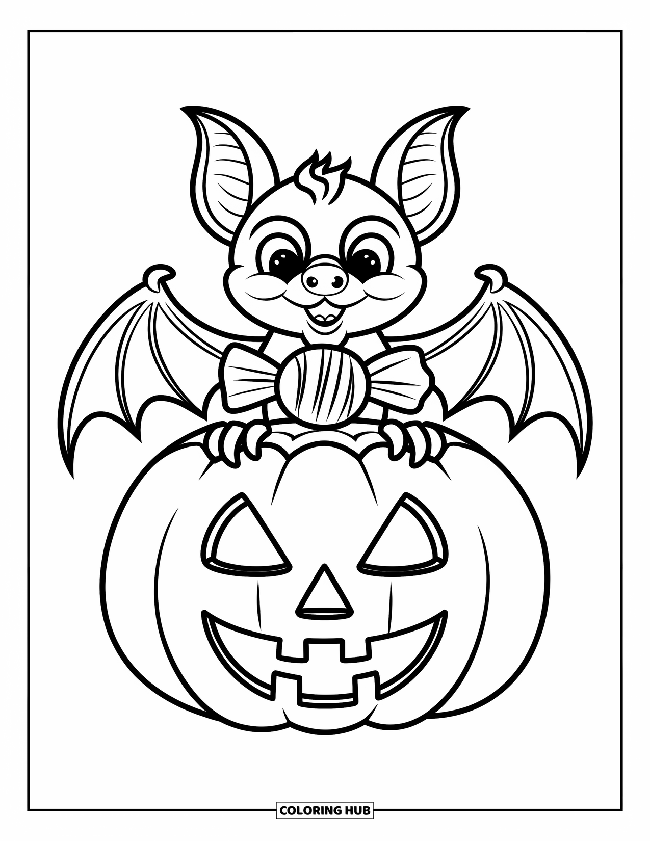 Halloween Bat Coloring Page for Kids: A bat holds a candy and hovers above a cheerful jack-o'-lantern