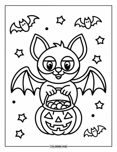 Halloweenská omalovánka netopýra pro děti: Netopýr drží košík na bonbóny obklopený třpytivými hvězdami