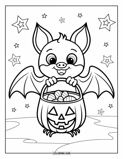 Halloweenská omalovánka netopýra pro děti: Netopýr drží košík na bonbóny obklopený hvězdami