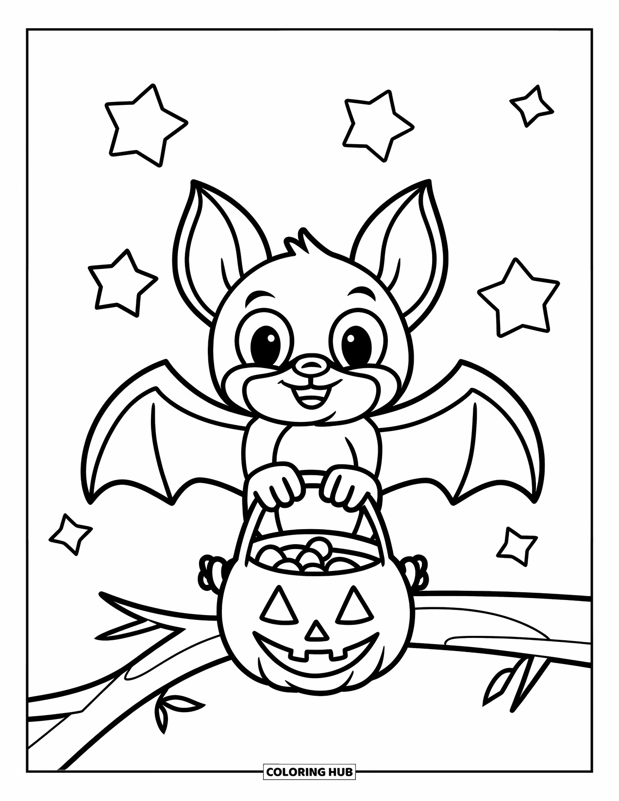 Halloween Bat Coloring Page for Kids: A bat on a branch holds a candy bucket with sparkles nearby
