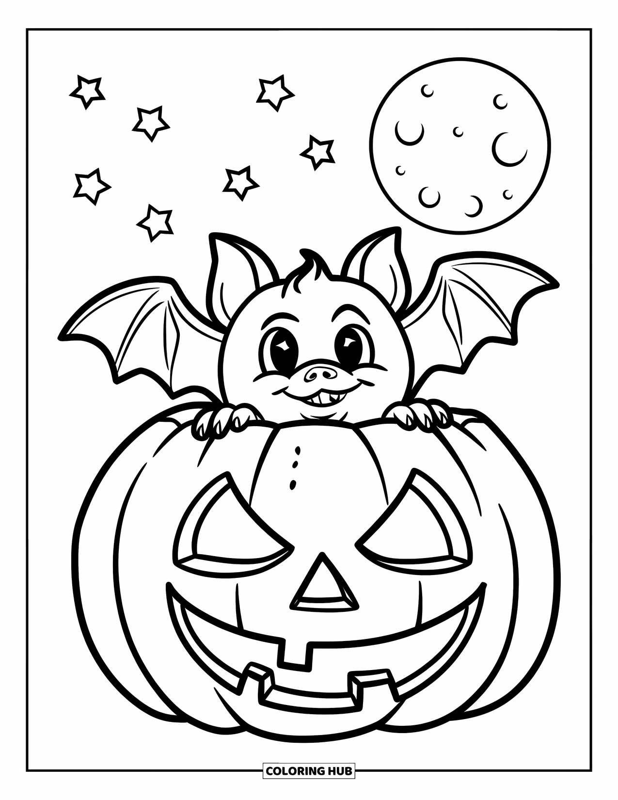 Halloween Bat Coloring Page for Kids: A bat peeks from behind a pumpkin under a full moon