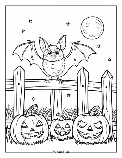 Halloweenská omalovánka netopýra pro děti: Netopýr sedí nad dýněmi ve vysoké trávě pod hvězdnatou nocí