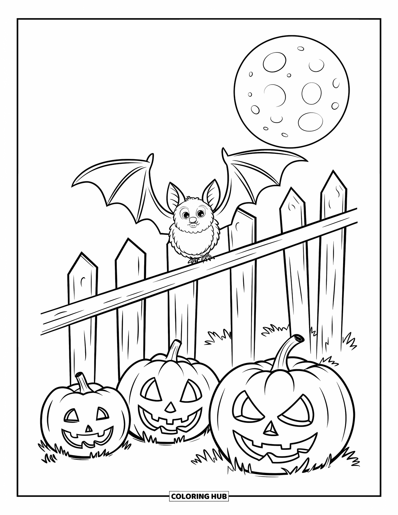 Halloween Bat Coloring Page for Kids: A bat perches on a leaning fence while spooky pumpkins grin below