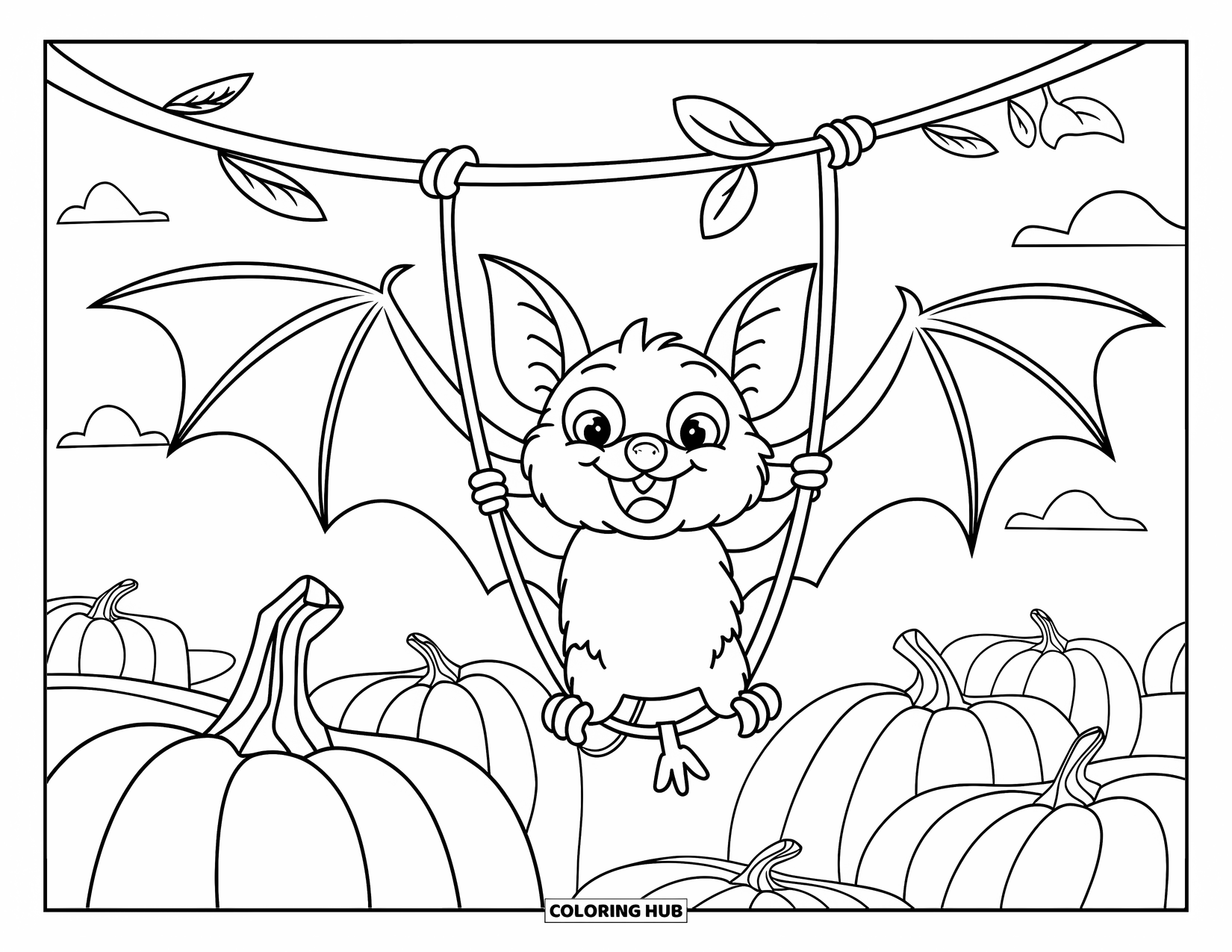 Halloween Bat Coloring Page for Kids: A bat playfully hangs above a field of pumpkins and clouds