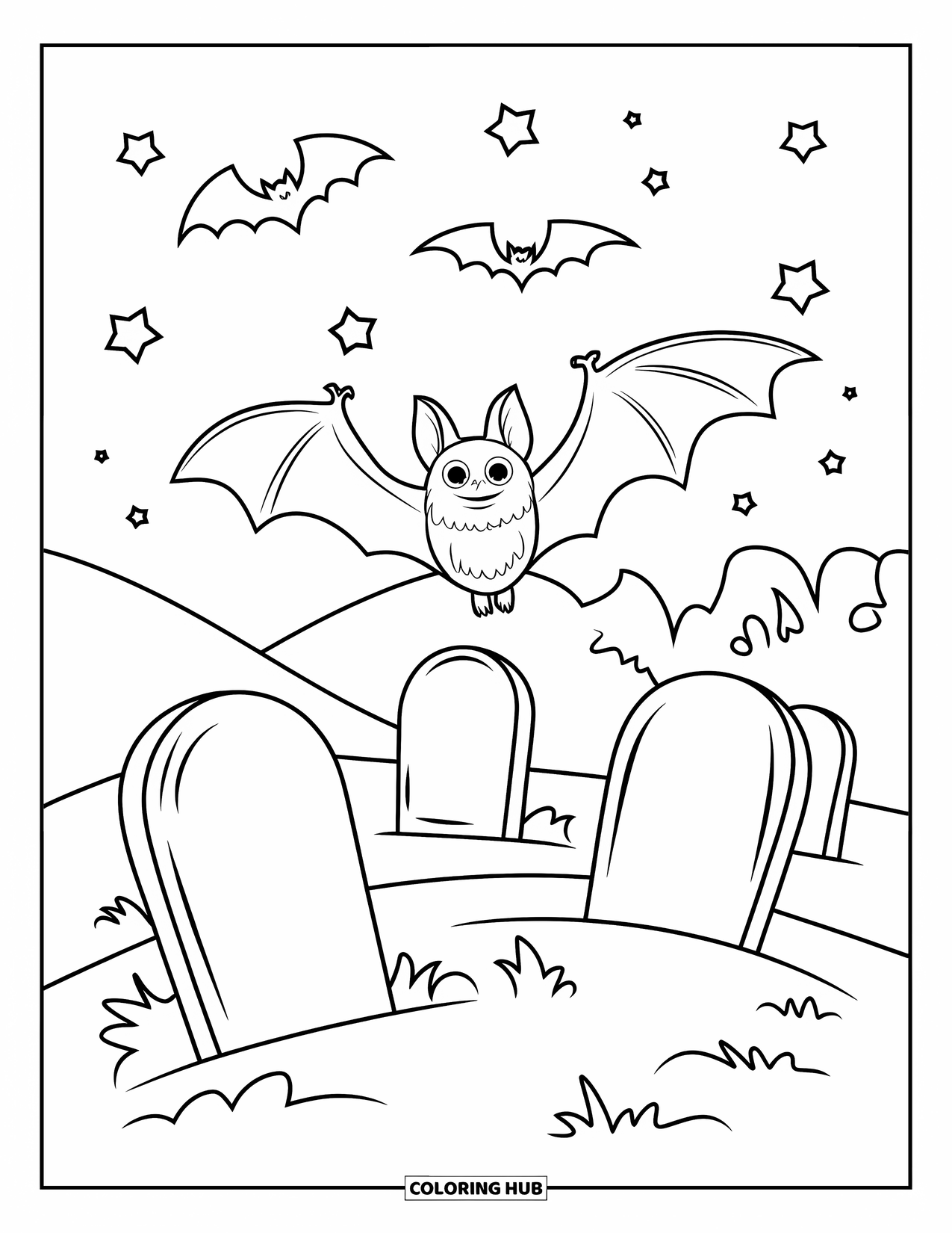 Halloween Bat Coloring Page for Kids: A bat soars above a hilltop graveyard filled with simple tombstones