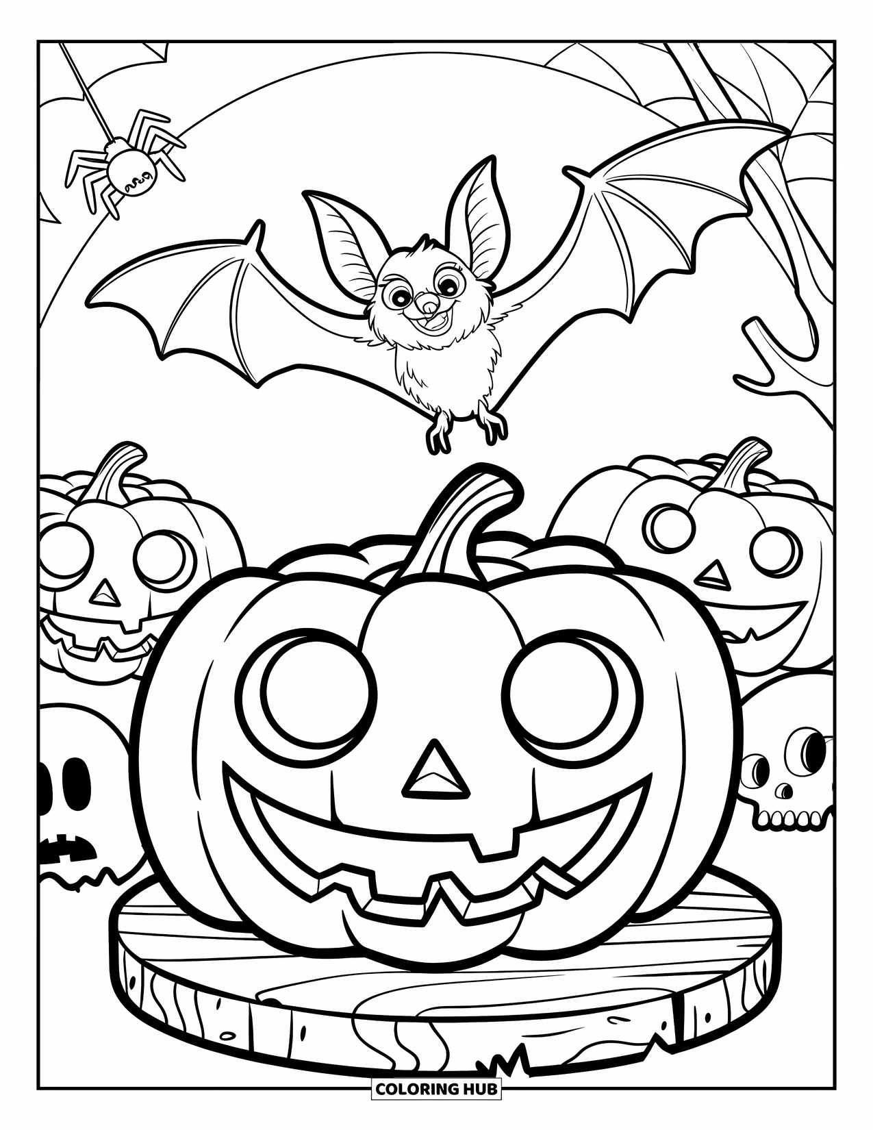 Halloween Bat Coloring Page for Kids: A bat soars over a pumpkin and spooky details like spiders and skulls