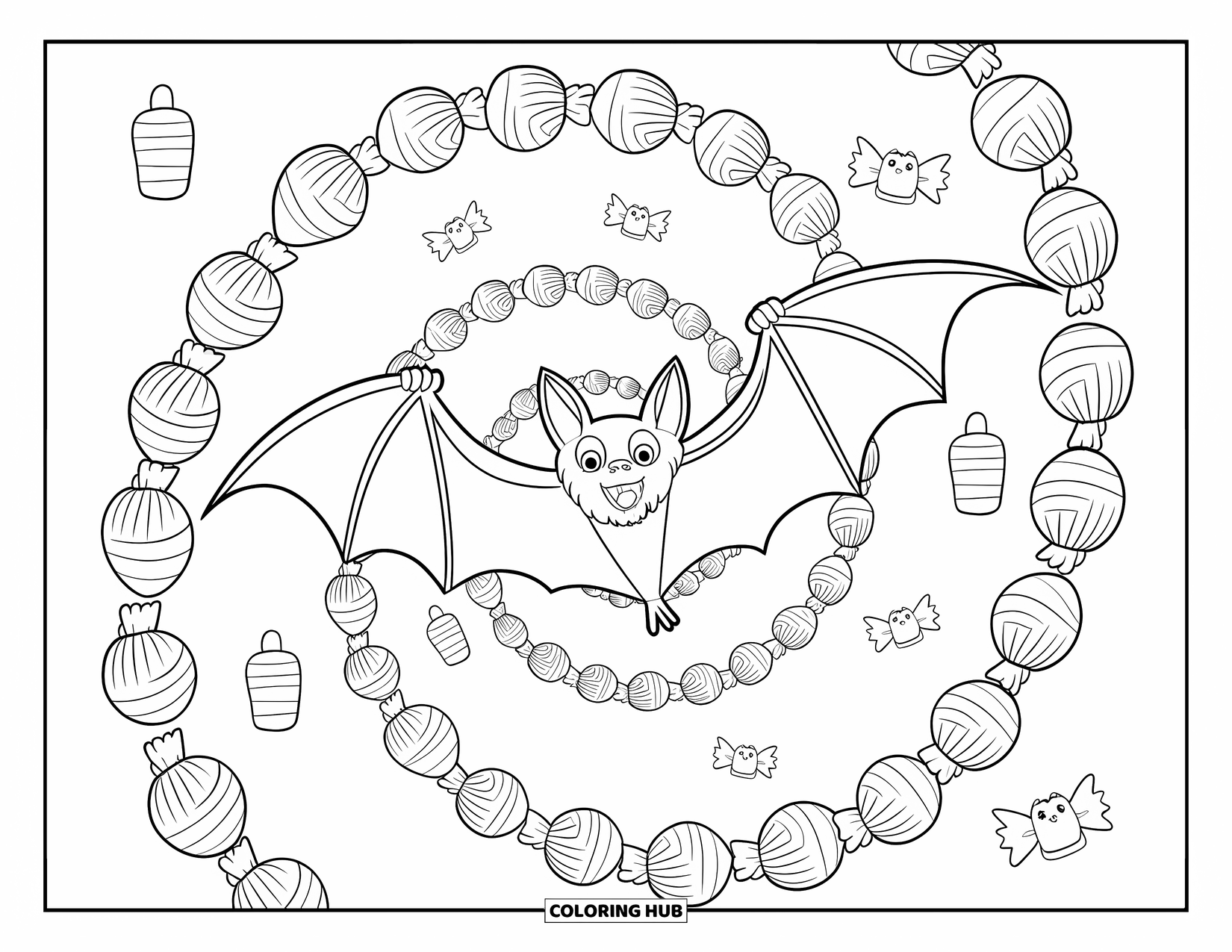 Halloween Bat Coloring Page for Kids: A bat spins through candy swirls and glowing lanterns in the air