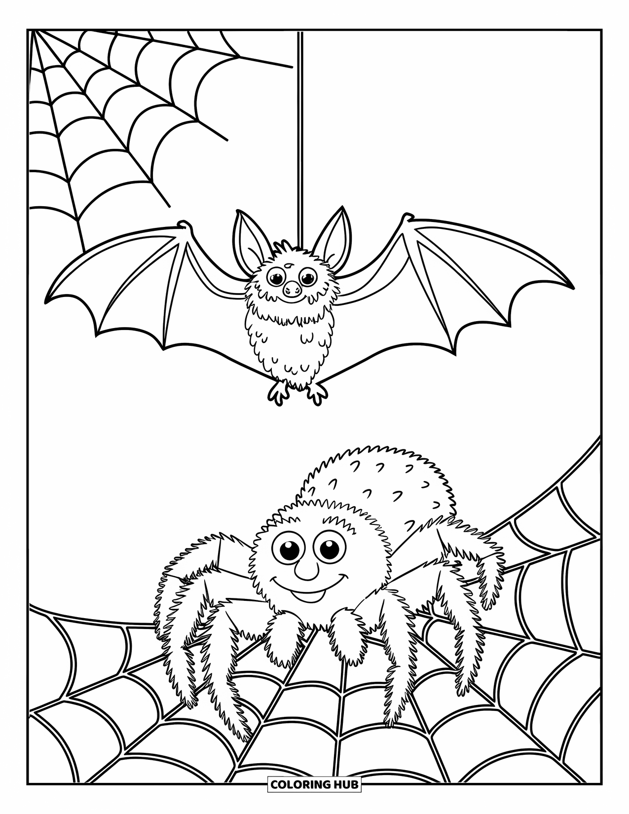 Halloween Bat Coloring Page for Kids: A bat swings near a cobweb while a cheerful spider watches below