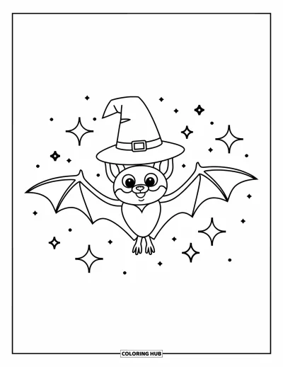 Halloweenská omalovánka netopýra pro děti: Netopýr v čarodějnickém klobouku letí skrz jiskřivé třpytky