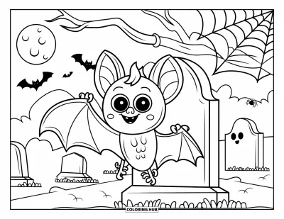 Halloweenská omalovánka netopýra pro děti: Usměvavý netopýr visí u náhrobků a strašidelných tvarů