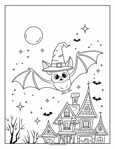 Halloweenská omalovánka netopýra pro děti: Netopýr v čarodějnickém klobouku letí nad strašidelným domem