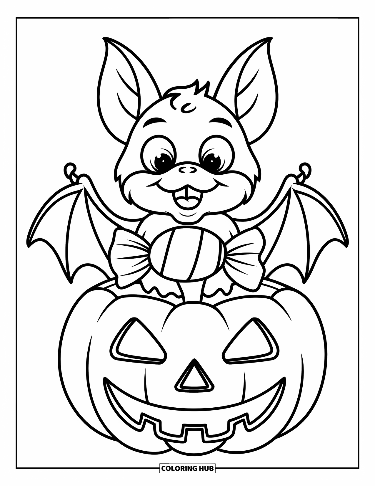 Halloween Bat Coloring Page for Kids: A bat with candy flies above a smiling jack-o'-lantern