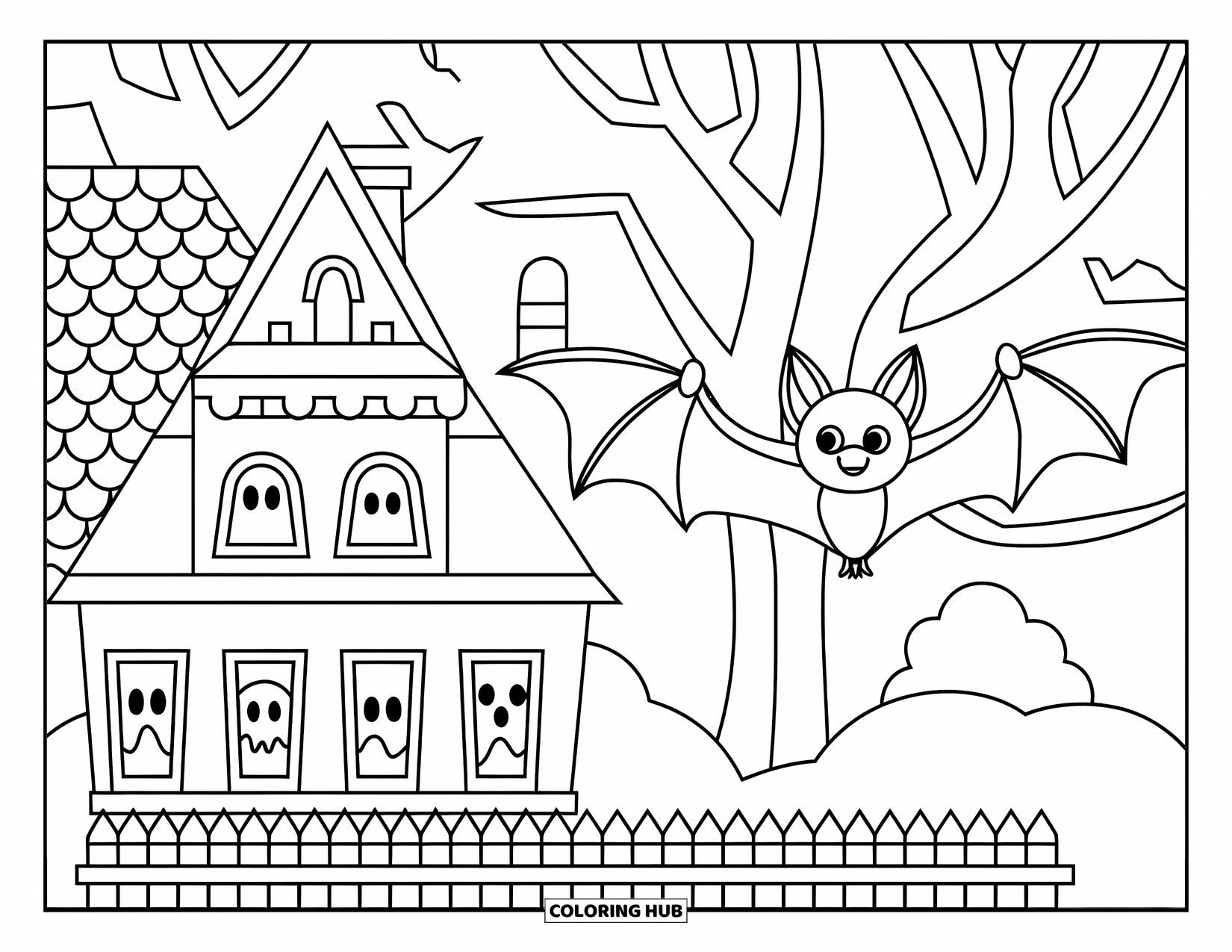 Halloween Bat Coloring Page for Kids: A bat zooms past a haunted house with ghosts peeking from windows