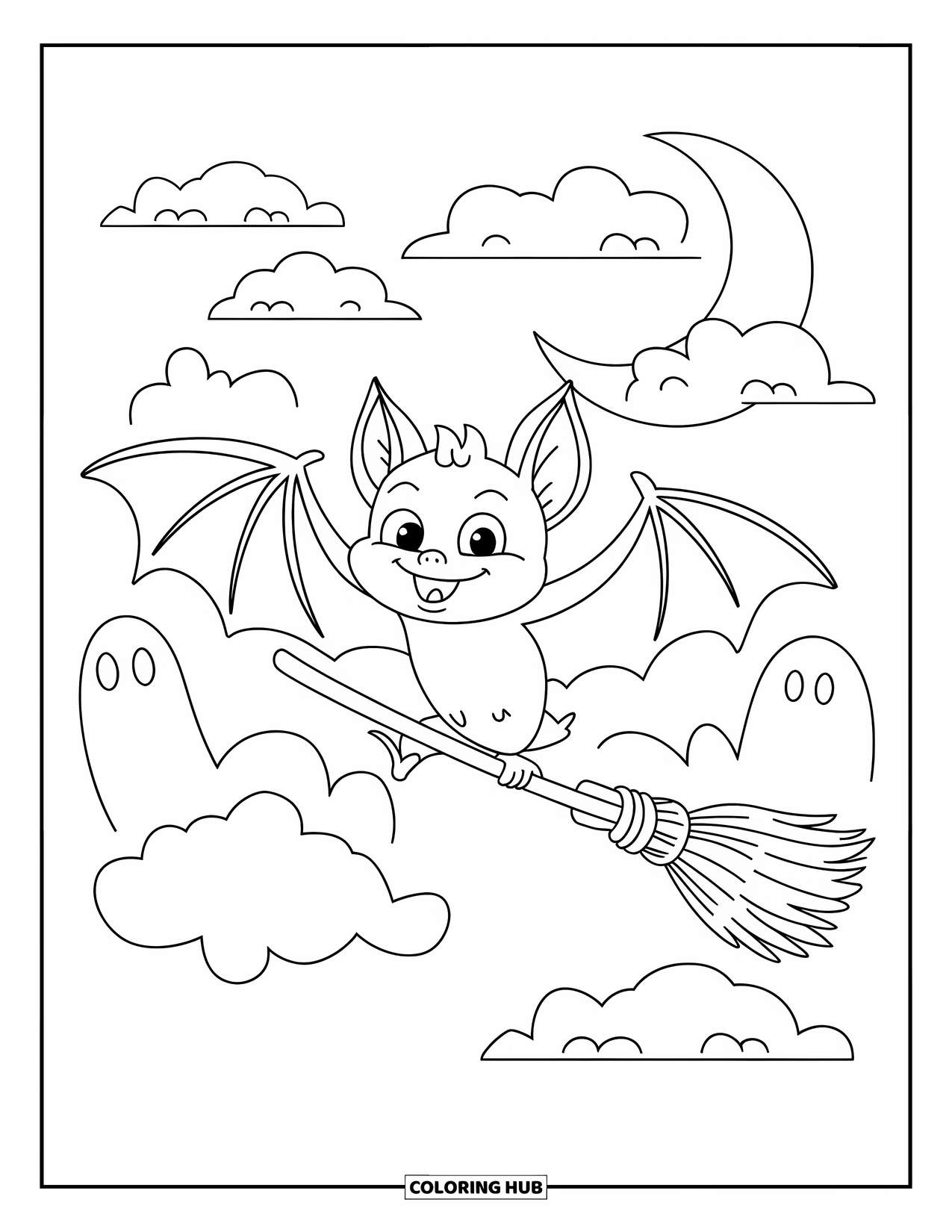 Halloween Bat Coloring Page for Kids: A cheerful bat with a broomstick glides through clouds and ghostly shapes