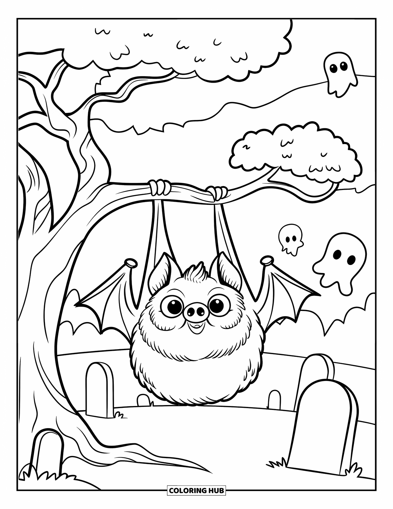 Halloween Bat Coloring Page for Kids: A cute bat dangles from a leafy tree with ghosts nearby