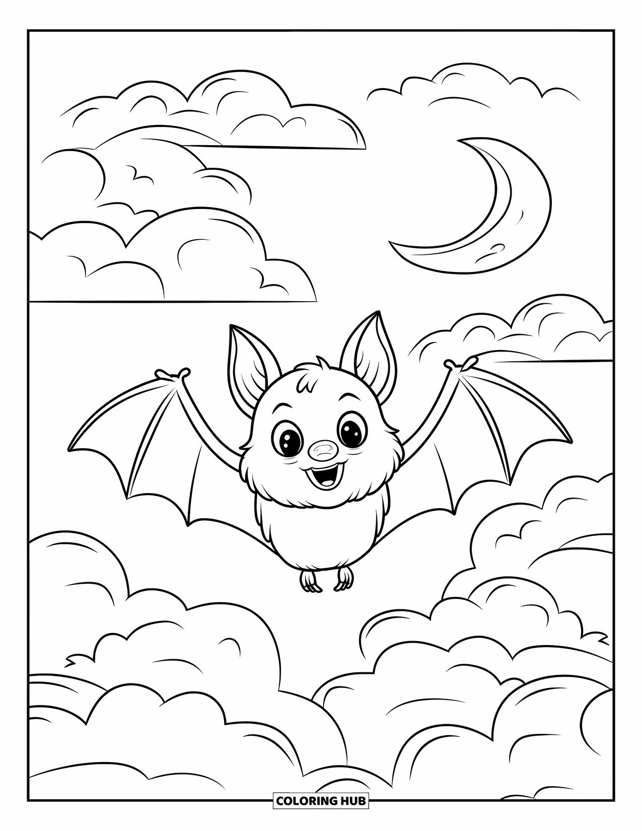 Halloween Bat Coloring Page for Kids: A happy bat with fangs flies through fluffy clouds and a crescent moon