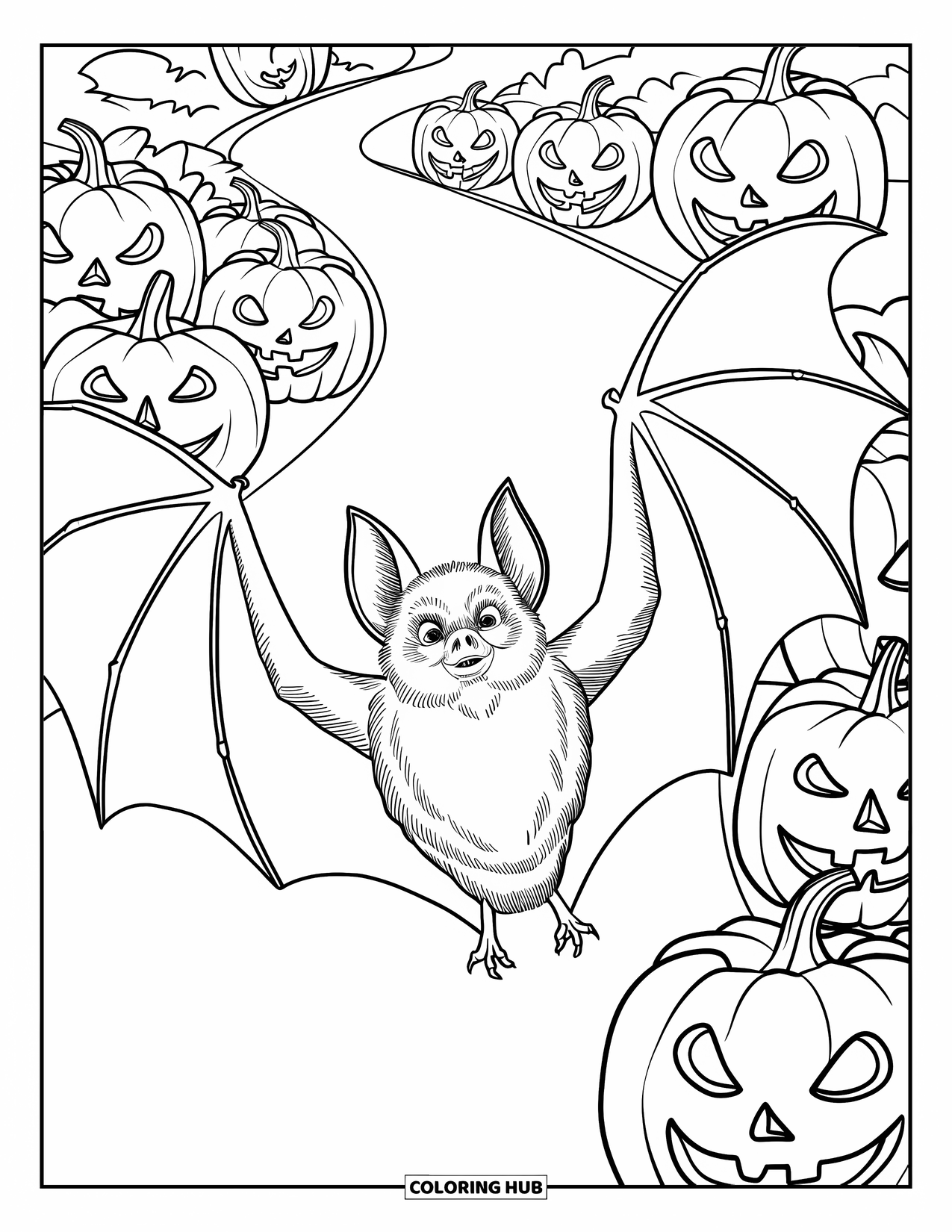Halloween Bat Coloring Page for Kids: A large bat flies over spooky jack-o'-lanterns along a curving path