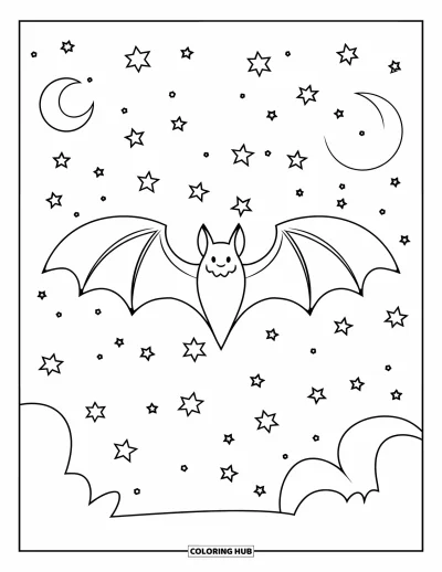 Halloweenská omalovánka netopýra pro děti: Osamělý netopýr plachtí pod hvězdami a úplňky v temné obloze