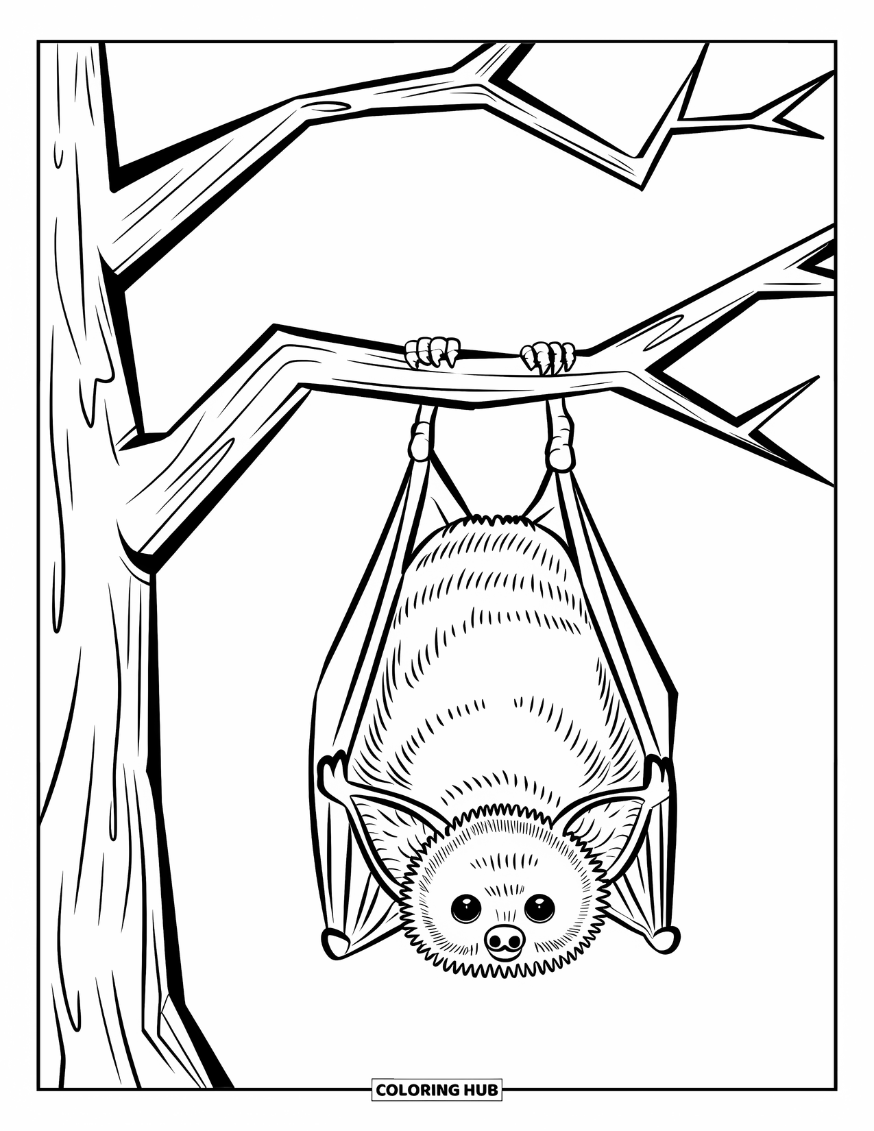 Halloween Bat Coloring Page for Kids: A plump bat hangs from a branch on the left side of the tree